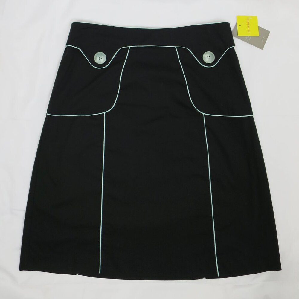 Anthropologie Jill Michelle Black Button Skirt with Blue Piping 8 Cotton Lycra